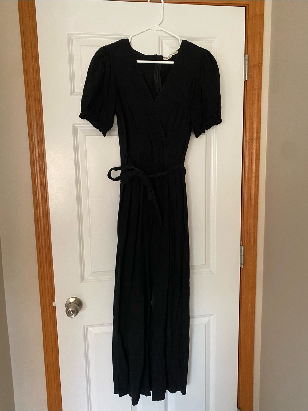 Classic Black Wrap Jumpsuit with Puff Sleeves